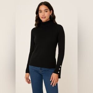 NWT CeCe Black Mock Neck Sweater with Pearl Button Sleeve Detail Women’s XS